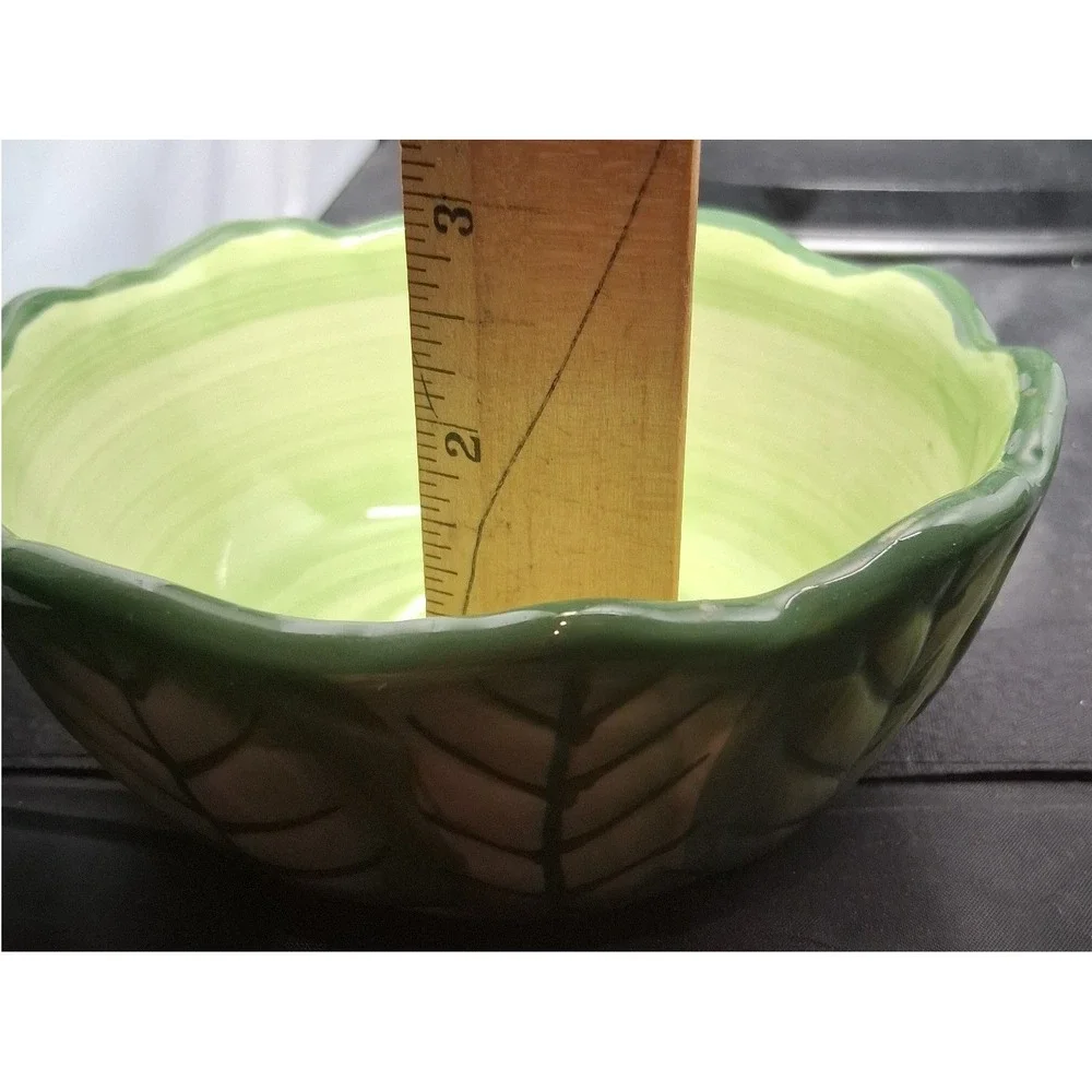 Set of 2 Ceramic Cabbage Leaf Bowls Green Scalloped Rim Hand Painted Bowls